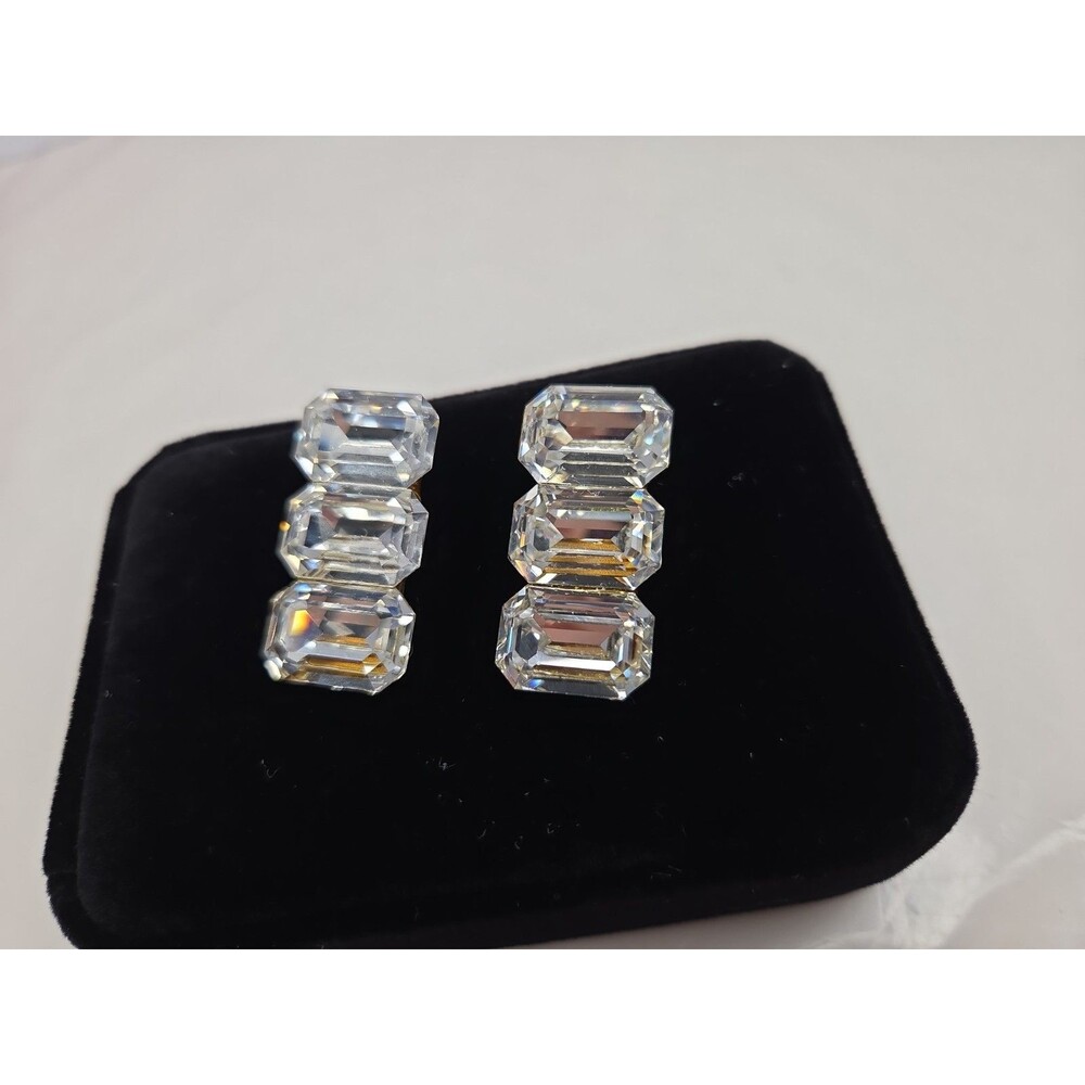 Vintage Terry Thunder Hand Signed Crystal Glass Triple Emerald Cut Earrings